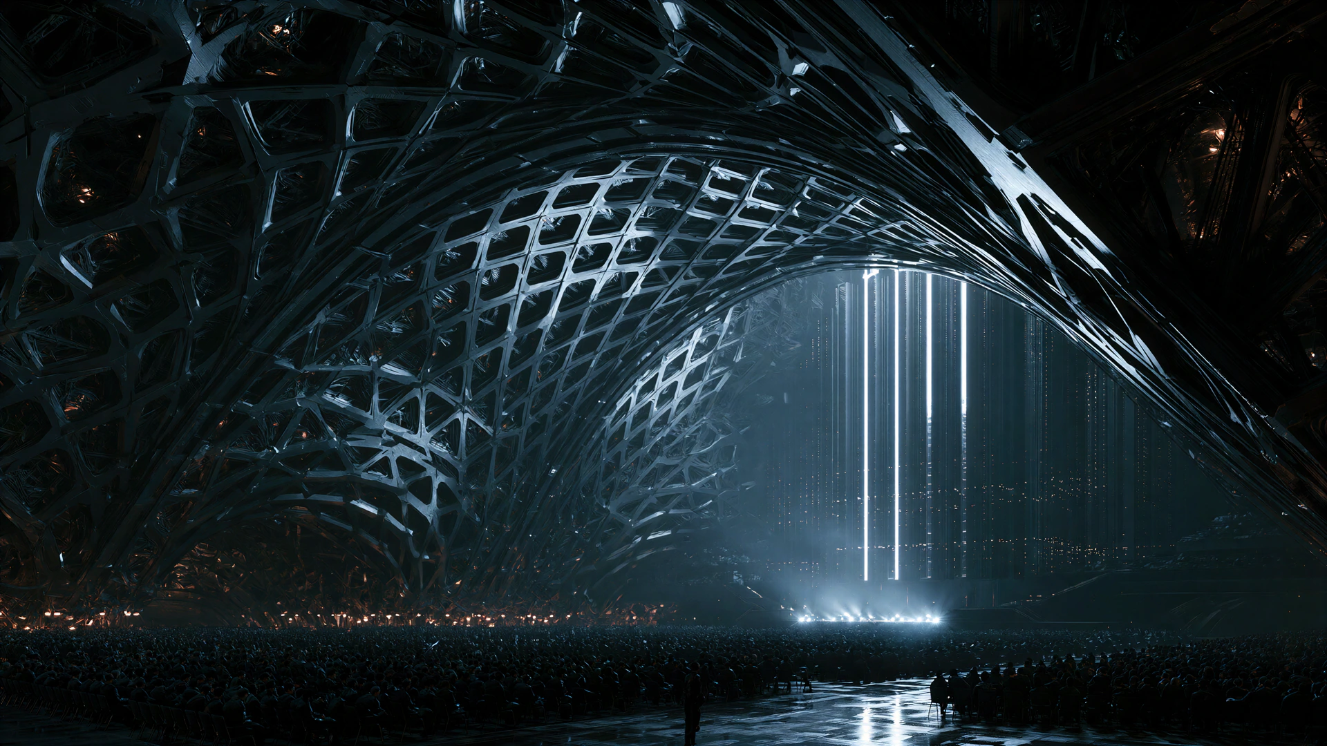 A vast Lattice performance hall with the audience waiting