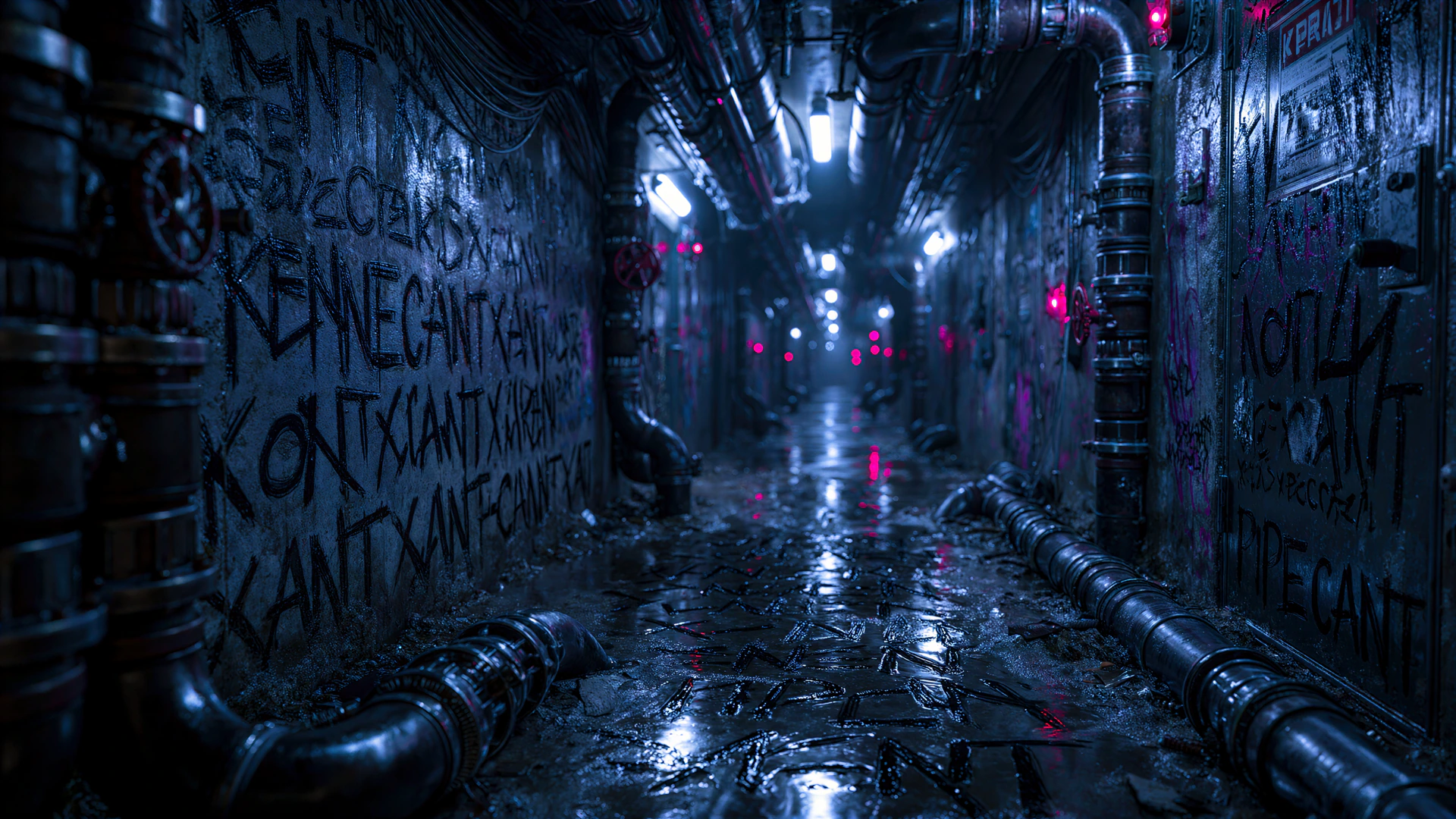A wet service corridor marked with found pipe cant